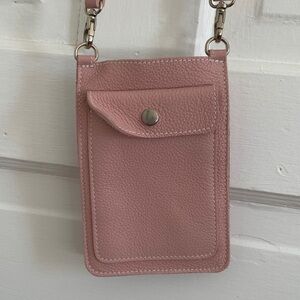 Roots Pink Leather Crossbody Phone Pouch